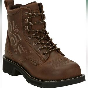 JUSTIN GYPSY 6” STEEL TOE KATERINA LACE UP BROWN LEATHER WOMEN’S WORK BOOTS 11B